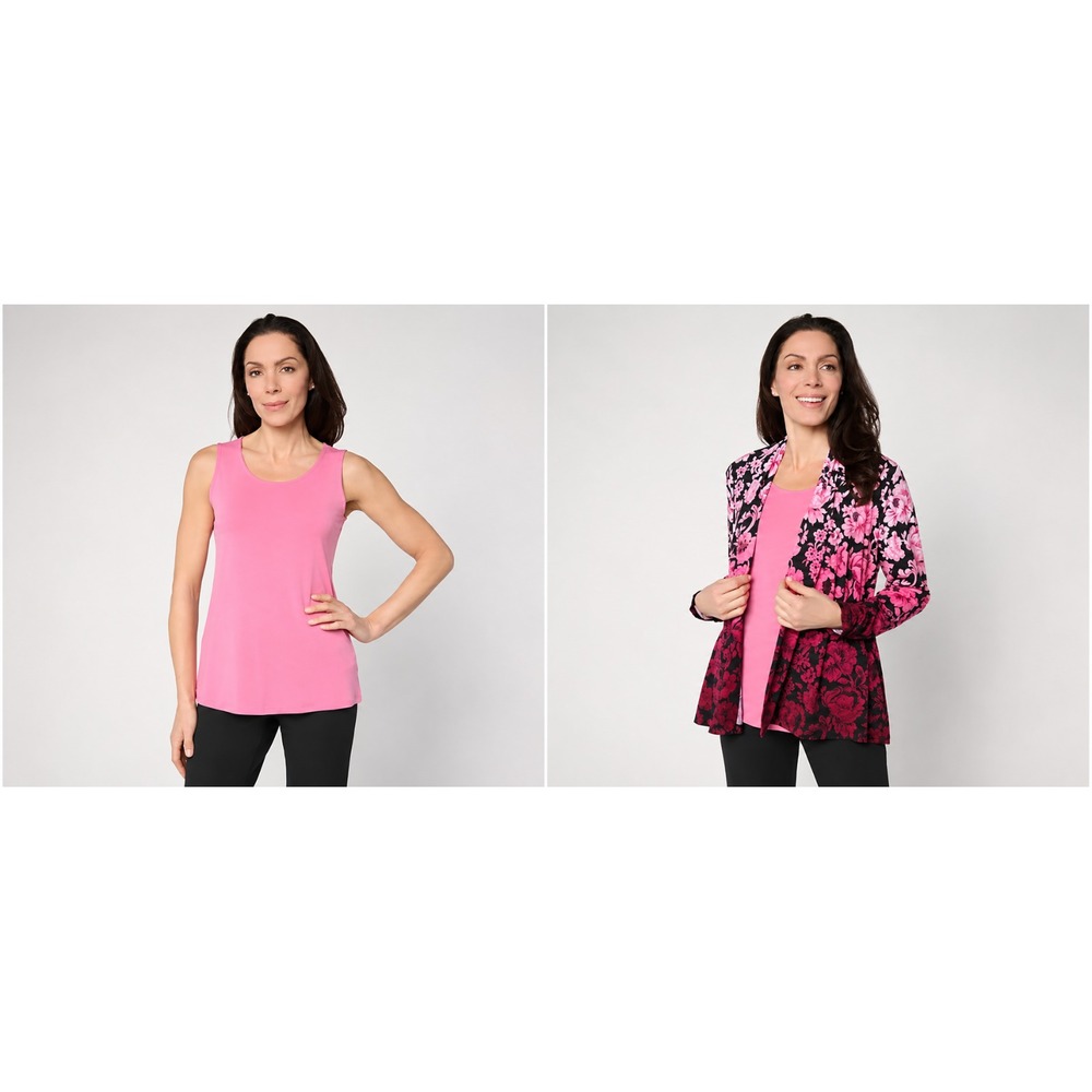 Susan Graver Petite Printed Liquid Knit Cardigan and Tank Set Pink/Rose Petite M